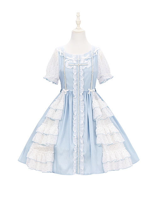 Bow Petal Collar Polka Dot Chiffon Puff Sleeve Pearl Ruffle Crucifix Design Classic Lolita Short Sleeve Dress