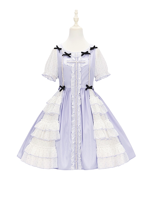 Bow Petal Collar Polka Dot Chiffon Puff Sleeve Pearl Ruffle Crucifix Design Classic Lolita Short Sleeve Dress