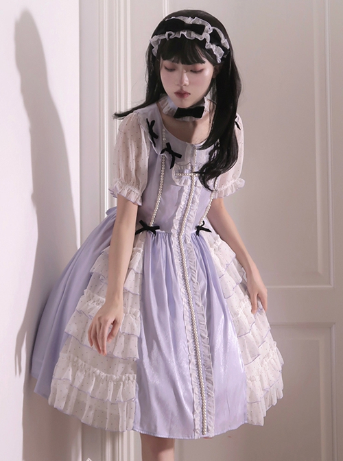 Bow Petal Collar Polka Dot Chiffon Puff Sleeve Pearl Ruffle Crucifix Design Classic Lolita Short Sleeve Dress