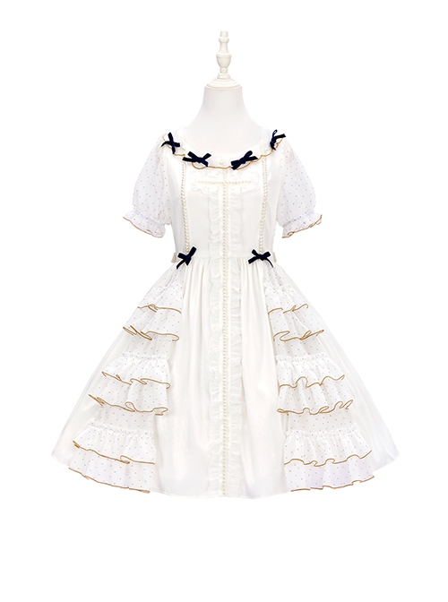 Bow Petal Collar Polka Dot Chiffon Puff Sleeve Pearl Ruffle Crucifix Design Classic Lolita Short Sleeve Dress