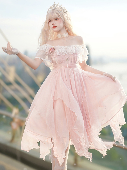 Flower Mist Series OP Chest Lace With Pearl Chain Irregular Hem Off The Shoulder Sweet And Elegant Pink Classic Lolita Short Sleeve Dress