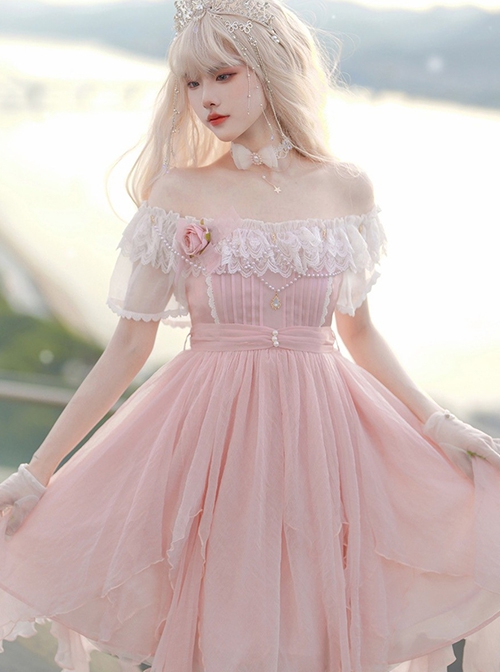 Flower Mist Series OP Chest Lace With Pearl Chain Irregular Hem Off The Shoulder Sweet And Elegant Pink Classic Lolita Short Sleeve Dress