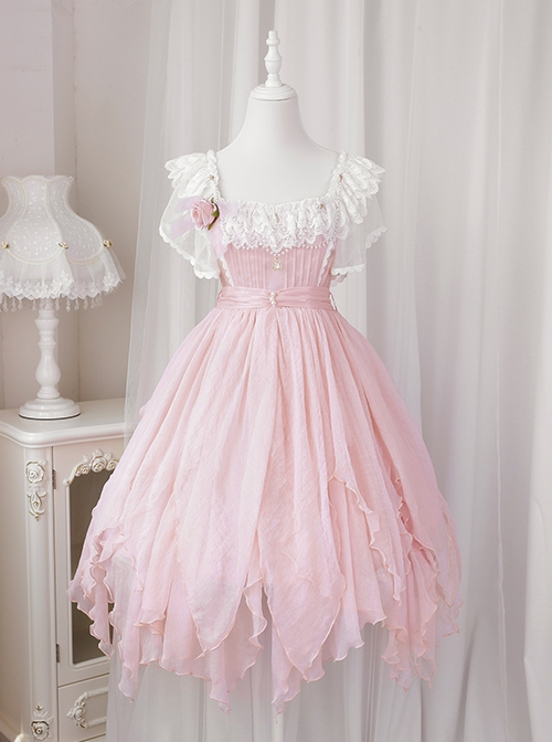 Flower Mist Series OP Chest Lace With Pearl Chain Irregular Hem Off The Shoulder Sweet And Elegant Pink Classic Lolita Short Sleeve Dress