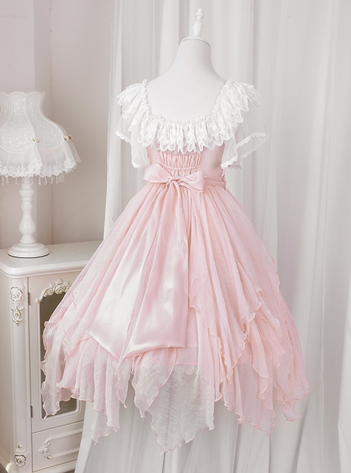 Flower Mist Series OP Chest Lace With Pearl Chain Irregular Hem Off The Shoulder Sweet And Elegant Pink Classic Lolita Short Sleeve Dress