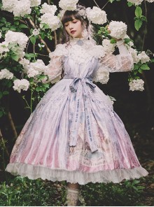 Echo Voice Series SP Printing Back Placket V Collar Cuff Drawstring Tea Party Style Classic Lolita Lace Long Sleeves Dress
