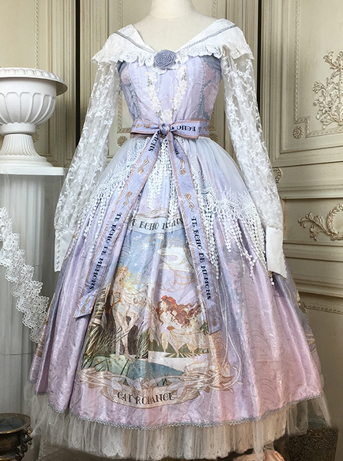 Echo Voice Series SP Printing Back Placket V Collar Cuff Drawstring Tea Party Style Classic Lolita Lace Long Sleeves Dress