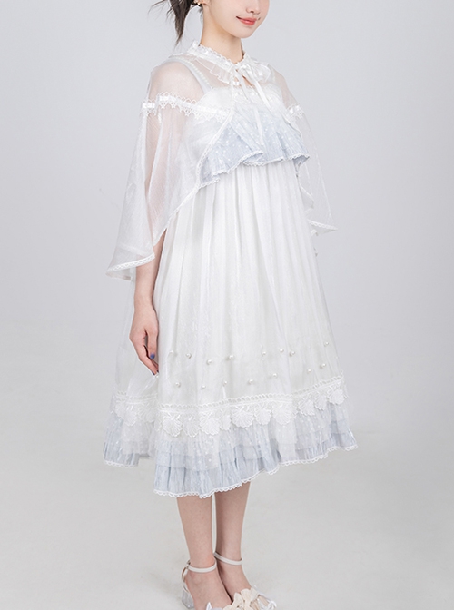 Cub Of The Sea Series JSK Detachable Pearl Shoulder Strap Sewn Pearls Hem Front Classic Lolita White Sling Dress With Shawl