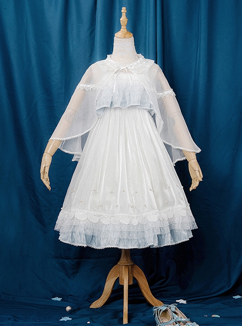 Cub Of The Sea Series JSK Detachable Pearl Shoulder Strap Sewn Pearls Hem Front Classic Lolita White Sling Dress With Shawl