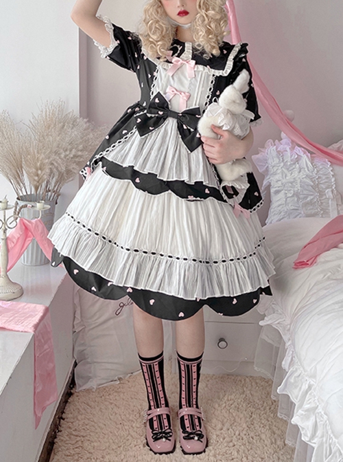 Runaway Sweetheart Series OP Doll Collar Wavy Hem Sweet Lolita Black Cute Short Sleeve Cake Dress