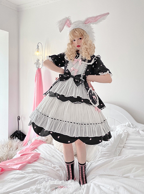 Runaway Sweetheart Series OP Doll Collar Wavy Hem Sweet Lolita Black Cute Short Sleeve Cake Dress