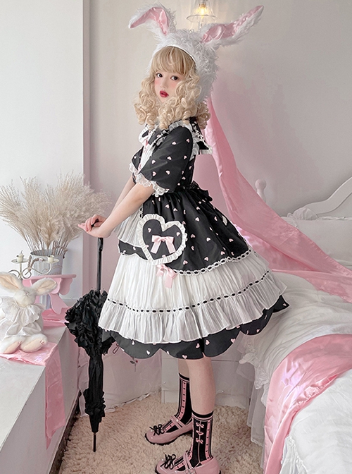 Runaway Sweetheart Series OP Doll Collar Wavy Hem Sweet Lolita Black Cute Short Sleeve Cake Dress