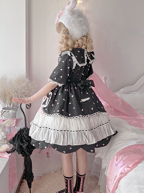 Runaway Sweetheart Series OP Doll Collar Wavy Hem Sweet Lolita Black Cute Short Sleeve Cake Dress