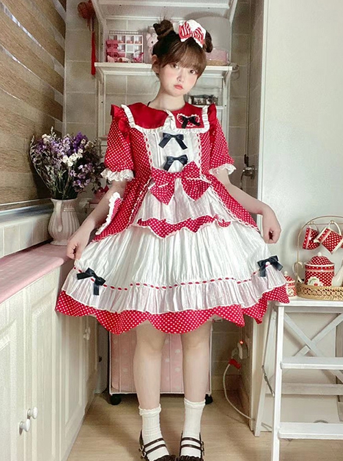 Runaway Sweetheart Series OP Doll Collar Wavy Hem Sweet Lolita Red Cute Short Sleeve Cake Dress