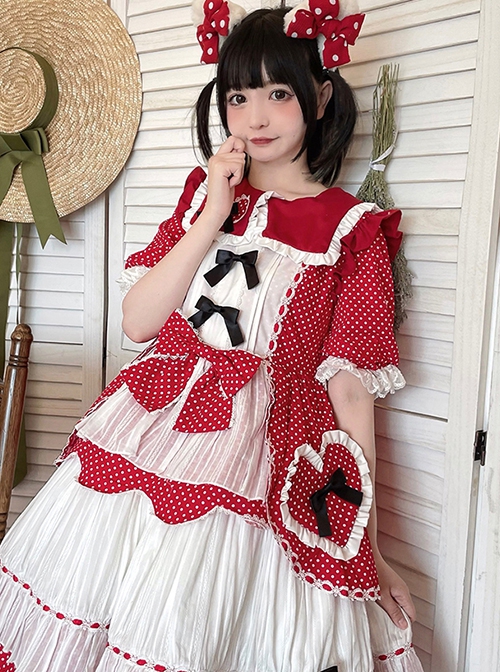 Runaway Sweetheart Series OP Doll Collar Wavy Hem Sweet Lolita Red Cute Short Sleeve Cake Dress