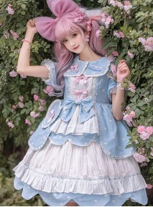 Runaway Sweetheart Series OP Doll Collar Wavy Hem Sweet Lolita Blue Cute Short Sleeve Cake Dress