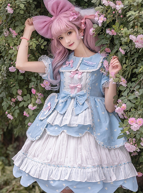 Runaway Sweetheart Series OP Doll Collar Wavy Hem Sweet Lolita Blue Cute Short Sleeve Cake Dress