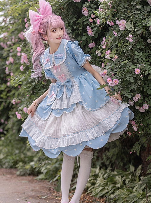 Runaway Sweetheart Series OP Doll Collar Wavy Hem Sweet Lolita Blue Cute Short Sleeve Cake Dress