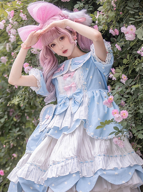 Runaway Sweetheart Series OP Doll Collar Wavy Hem Sweet Lolita Blue Cute Short Sleeve Cake Dress