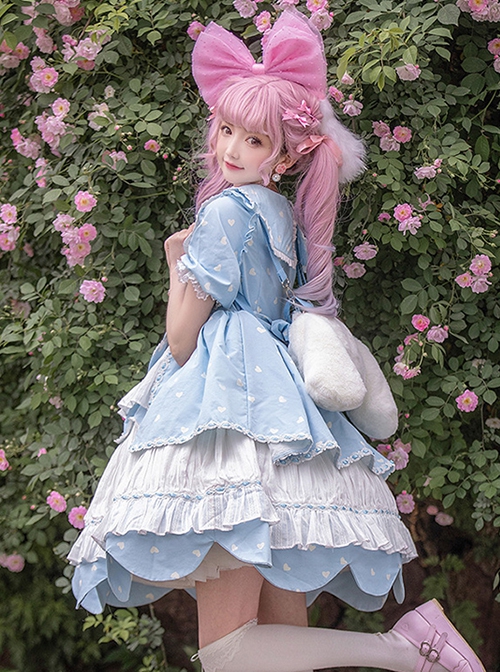 Runaway Sweetheart Series OP Doll Collar Wavy Hem Sweet Lolita Blue Cute Short Sleeve Cake Dress