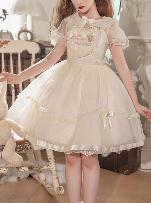Summer Sweet Series OP Doll Collar Heart Lace Embroidery On Chest Sweet Lolita Apricot Puff Short Sleeve Dress