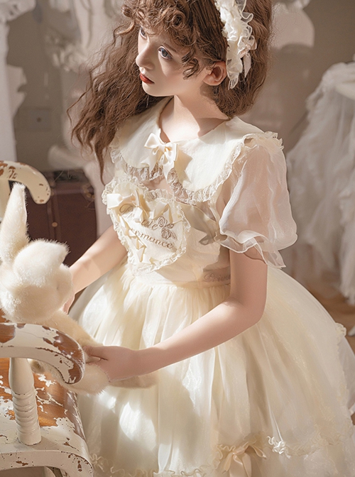 Summer Sweet Series OP Doll Collar Heart Lace Embroidery On Chest Sweet Lolita Apricot Puff Short Sleeve Dress