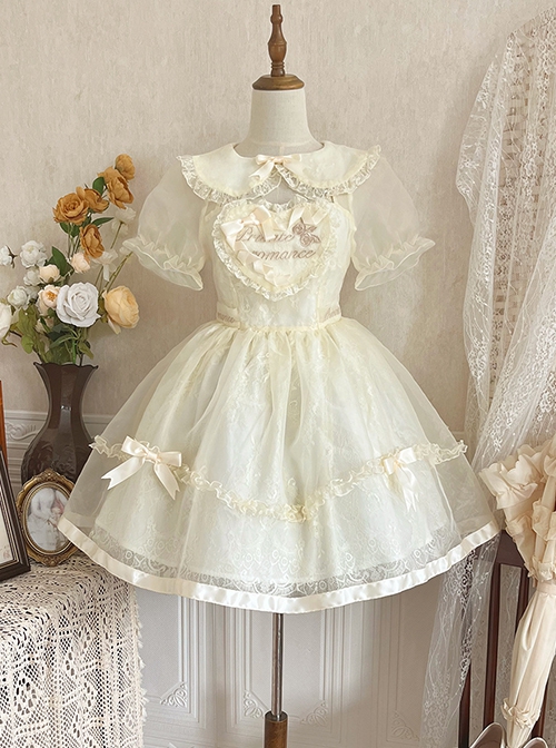 Summer Sweet Series OP Doll Collar Heart Lace Embroidery On Chest Sweet Lolita Apricot Puff Short Sleeve Dress