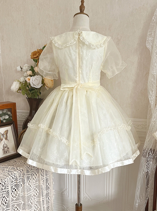 Summer Sweet Series OP Doll Collar Heart Lace Embroidery On Chest Sweet Lolita Apricot Puff Short Sleeve Dress