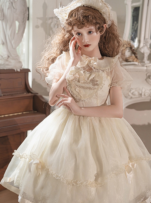 Summer Sweet Series OP Doll Collar Heart Lace Embroidery On Chest Sweet Lolita Apricot Puff Short Sleeve Dress