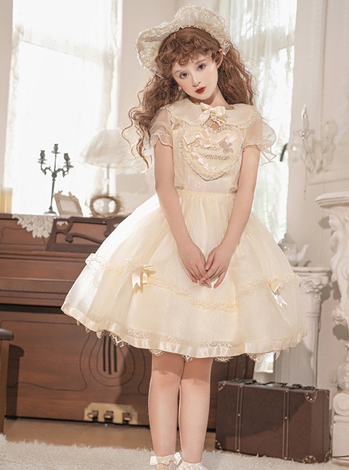 Summer Sweet Series OP Doll Collar Heart Lace Embroidery On Chest Sweet Lolita Apricot Puff Short Sleeve Dress