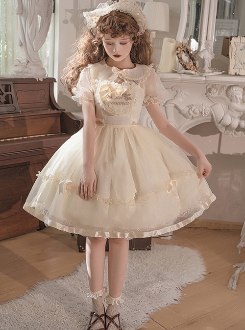 Summer Sweet Series OP Doll Collar Heart Lace Embroidery On Chest Sweet Lolita Apricot Puff Short Sleeve Dress