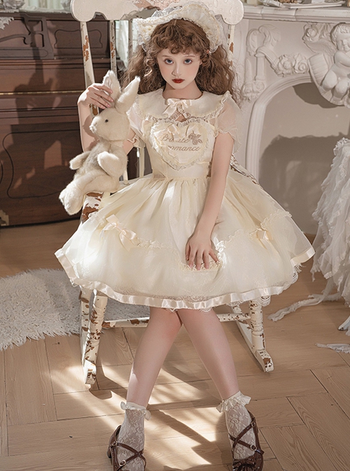 Summer Sweet Series OP Doll Collar Heart Lace Embroidery On Chest Sweet Lolita Apricot Puff Short Sleeve Dress