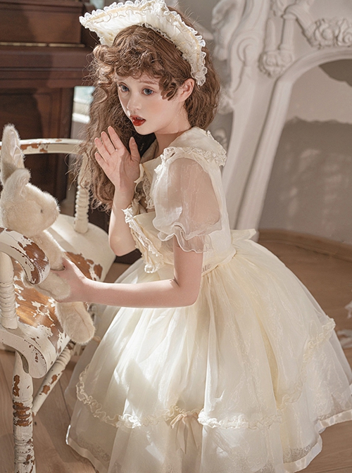 Summer Sweet Series OP Doll Collar Heart Lace Embroidery On Chest Sweet Lolita Apricot Puff Short Sleeve Dress