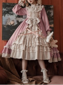 Cream Tower Series OP Stand Collar Ruffle Big Hem Classic Lolita Grace Long-Sleeved Dress