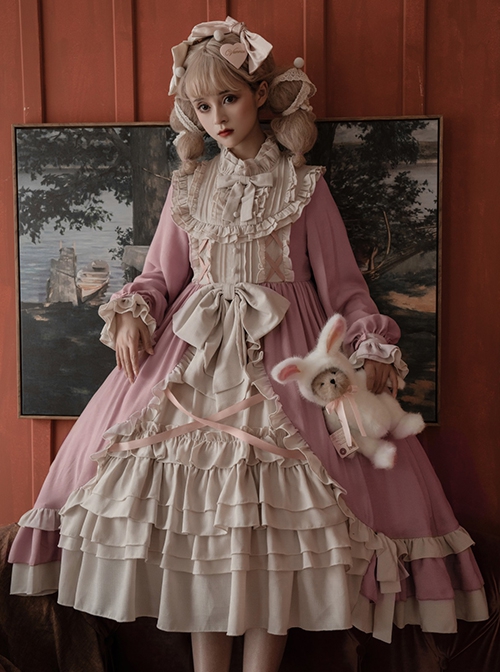 Cream Tower Series OP Stand Collar Ruffle Big Hem Classic Lolita Grace Long-Sleeved Dress