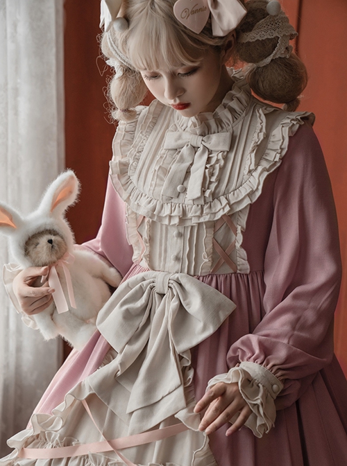 Cream Tower Series OP Stand Collar Ruffle Big Hem Classic Lolita Grace Long-Sleeved Dress