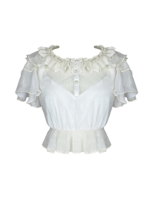 Sand Of Glass Series Lace Ruffle Neckline Sweet Lolita White Short Sleeve Shirt Inside