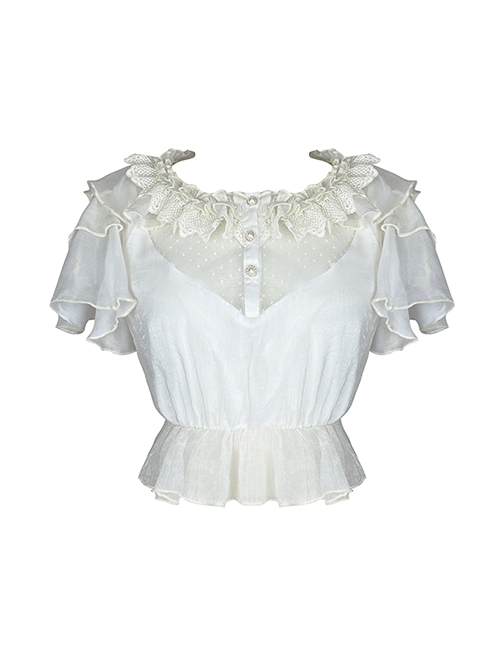 Sand Of Glass Series Lace Ruffle Neckline Classic Lolita White Short Sleeve Shirt Inside