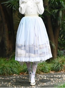 Mesh Oil Painting Printing SK Classic Lolita Pleated Large Lace Hem Skirt