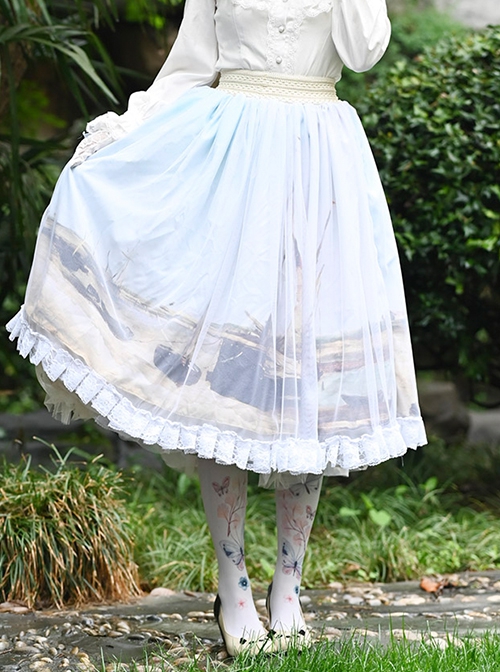 Mesh Oil Painting Printing SK Classic Lolita Pleated Large Lace Hem Skirt