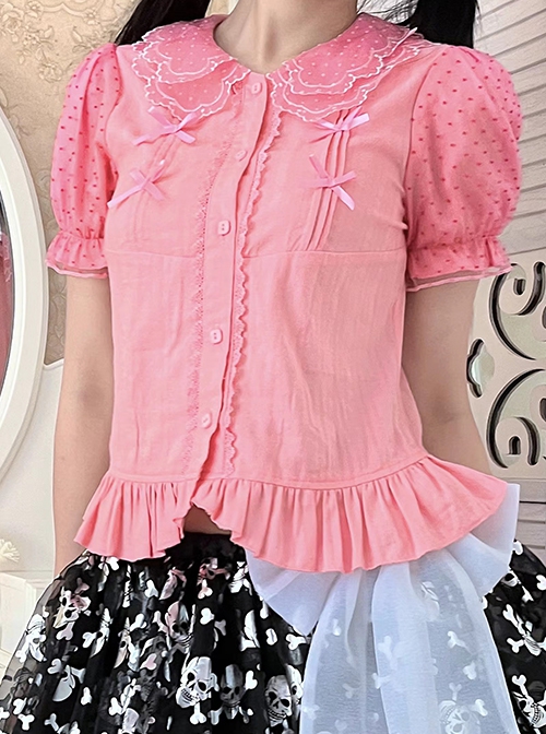 Fluttershy Series Double Doll Collar Sweet Lolita Puff Short Sleeve Versatile Shirt