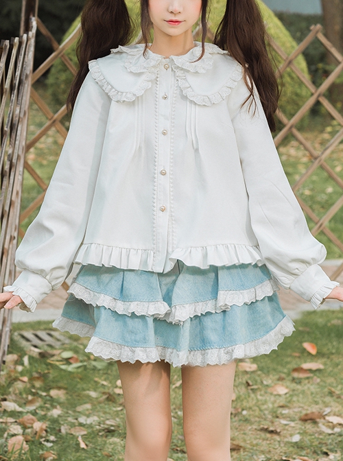 Phalaenopsis Series Ruffled Doll Collar Classic Lolita Long Sleeve Fleece White Shirt