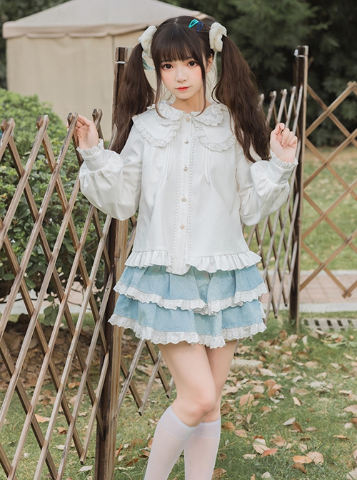 Phalaenopsis Series Ruffled Doll Collar Classic Lolita Long Sleeve Fleece White Shirt