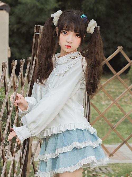 Phalaenopsis Series Ruffled Doll Collar Classic Lolita Long Sleeve Fleece White Shirt