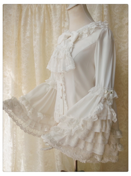 White Ornate Lace Flared Sleeves Lotus Leaf Collar Classic Lolita Vintage Slim Autumn And Winter Long Sleeve Shirt