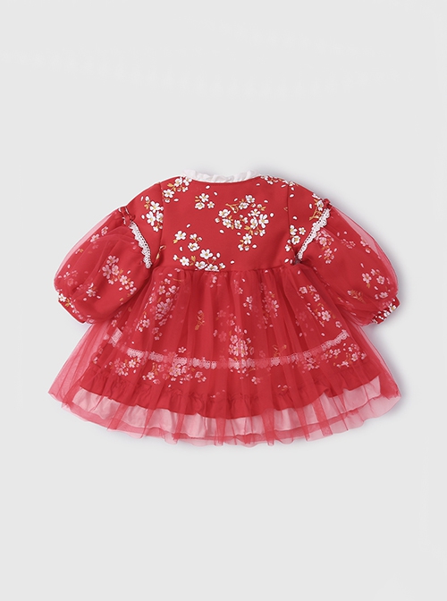 Red Chinese Style Cherry Blossom Magpie Print Lantern Sleeve Stitching Fake Two-Piece Classic Lolita Long-Sleeved Dress