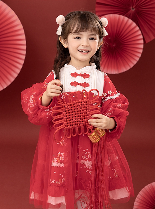 Red Chinese Style Cherry Blossom Magpie Print Lantern Sleeve Stitching Fake Two-Piece Classic Lolita Long-Sleeved Dress