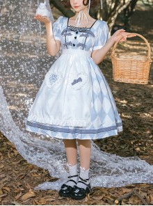 Square Neck Striped Bow Puff Sleeves Check Print Heart Embellished Bib Classic Lolita Short Sleeve Dress