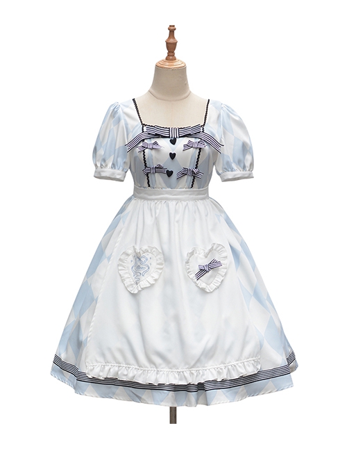 Square Neck Striped Bow Puff Sleeves Check Print Heart Embellished Bib Classic Lolita Short Sleeve Dress