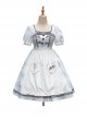 Square Neck Striped Bow Puff Sleeves Check Print Heart Embellished Bib Classic Lolita Short Sleeve Dress