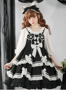 Sweet And Spicy Heart-Shaped Cat Claw Decoration Bow Black And White Pleated Sweet Lolita Suspenders Sleeveless Dress